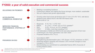 3
© 2022 Leonardo - Società per azioni
DELIVERING ON PROMISES
ACCELERATING
COMMERCIAL MOMENTUM
IMPROVED FINANCIAL
PERFORMANCE; STEPPING UP
FOCF
PROGRESS ON ESG
FY2022: a year of solid execution and commercial success
• Meeting or exceeding Guidance
• Continuing to deliver and making the Group stronger, more resilient, sustainable
• Set up to capture best growth opportunities
• Growing order book across all divisions at € 17.3 bn (+21.0%* YoY), well above
guidance even without the €1.4bn AW149 Poland order
• Book-to-bill at 1.2x
• Revenues: € 14.7 bn, + 4.7%* YoY
• EBITA: € 1.2 bn, + 14.9%* YoY vs FY21 restated**
• RoS: 8.3%, +0.8 p.p. vs FY21 restated**
• FOCF: € 539m, more than doubling FY21
• Full redemption of 2039 and 2040 bonds and early repayment of term loan
• Confirming € 3 bn FOCF generation over 2021-2025
• Proposed dividend of € 0.14 p.s.
• Committed to SBTI
• Strengthening decarbonisation plan (-15% Scope 1+2 CO2 emissions vs 2021)
• Achieving results in diversity and inclusion (19% of female managers on total
managers vs 15% in 2017)
• Demonstrating our commitment to sustainable finance (55% of sources of
funding linked to ESG)
* Adjusted perimeter to exclude the contribution of Global Enterprise Solutions (August-December 2021)
**Restatement to include covid costs within EBITA as previously accounted below the line
FY 2022 Results
 