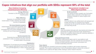 46
© 2022 Leonardo - Società per azioni FY 2022 Results
Capex initiatives that align our portfolio with SDGs represent 50% of the total
New initiatives increasing
industrial process efficiency
New products included in our
SDGs-aligned portfolio
AW609
First civil tiltrotor to be certified which will represent and
enabler technology for prosperity and progress
combining into one aircraft the benefits of helicopter
and fixed-wing aircraft
M-346 and M-345
Our trainers through a greater use of simulation
systems allow a reduction of the flight-hours
resulting in benefits on carbon footprint and
emissions
AW169
Light Intermediate helicopter with class-leading technology that
guarantees the highest performance also representing a
solution for a healthier planet along with operating capability in
the most challenging conditions
Integrated Sensors Suite
New AESA multifunctional radars suite for naval platforms with
state-of-the-art technologies. The new materials and manufacturing
process for AESA antennas reduce power consumption and
increase sustainable production
Falco Xplorer
RPAS designed for persistent multi-sensor strategic surveillance with situation awareness
capability. The increase in performance in terms of persistence allows to reduce the number of
missions and to optimize the flight profiles, leading to carbon footprint reduction.
Barrel production line
Production line improvement with machines
substitution in order to increase production rate and
to reduce waste in the process
Digitalization
Digitalization of manufacturing and engineering processes
driven by upgrade applications (such as SAP and Product
Life-cycle Management) in order to reduce waste and
improve quality
Energy efficiency
Transition to LED technology for most
industrial plants
Re-industrialization projects
Implementation of automated equipment and
digital solutions in order to increase
competitiveness and product reliability for both
existing and upcoming programs (ATR and
EuroMALE)
Water efficiency
Reduction of consumption through
modernisation of water networks and correct
recovery of wastewater
 