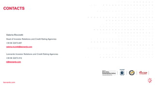 53
© 2022 Leonardo - Società per azioni
CONTACTS
leonardo.com
Valeria Ricciotti
Head of Investor Relations and Credit Rating Agencies
+39 06 32473.697
valeria.ricciotti@leonardo.com
Leonardo Investor Relations and Credit Rating Agencies
+39 06 32473.512
ir@leonardo.com
 