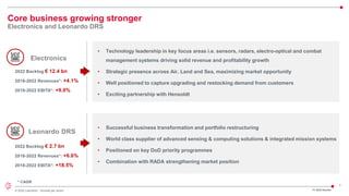 7
© 2022 Leonardo - Società per azioni
• Technology leadership in key focus areas i.e. sensors, radars, electro-optical and combat
management systems driving solid revenue and profitability growth
• Strategic presence across Air, Land and Sea, maximizing market opportunity
• Well positioned to capture upgrading and restocking demand from customers
• Exciting partnership with Hensoldt
Core business growing stronger
Electronics and Leonardo DRS
Electronics
Leonardo DRS
2022 Backlog € 12.4 bn
2018-2022 Revenues*: +4.1%
2018-2022 EBITA*: +9.0%
2022 Backlog € 2.7 bn
2018-2022 Revenues*: +6.6%
2018-2022 EBITA*: +18.5%
* CAGR
• Successful business transformation and portfolio restructuring
• World class supplier of advanced sensing & computing solutions & integrated mission systems
• Positioned on key DoD priority programmes
• Combination with RADA strengthening market position
FY 2022 Results
 