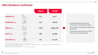 15
© 2022 Leonardo - Società per azioni
2023 Guidance Confirmed
2Q/1H23 Results
ORDERS (€bn) 17.3 ca.17
REVENUES (€bn) 14.7 15-15.6
EBITA (€mln) 1,218 1,260-1,310
FOCF (€mln) 539 ca. 600
NET DEBT (€bn) 3.0 ca. 2.62
2022A 2023E1
• Continued solid commercial
momentum, with book-to-bill>1x
• Successfully navigating inflationary
pressures
• Continued improvement in FOCF
and focus on deleveraging
2023 exchange rate assumptions: € / USD = 1.10 and € / GBP = 0.87
1) Based on the current assessment of the effects deriving from the geopolitical situation on the supply chain and the global economy and
assuming no additional major deterioration
2) Assuming dividend payment od € 0.14 p.s. and new leases for ca 100 mln
 