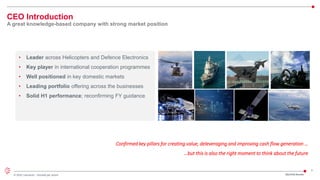 3
© 2022 Leonardo - Società per azioni
• Leader across Helicopters and Defence Electronics
• Key player in international cooperation programmes
• Well positioned in key domestic markets
• Leading portfolio offering across the businesses
• Solid H1 performance; reconfirming FY guidance
CEO Introduction
A great knowledge-based company with strong market position
Confirmed key pillars for creating value, deleveraging and improving cash flow generation …
…but this is also the right moment to think about the future
2Q/1H23 Results
 