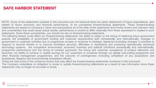 33
© 2022 Leonardo - Società per azioni
SAFE HARBOR STATEMENT
NOTE: Some of the statements included in this document are not historical facts but rather statements of future expectations, also
related to future economic and financial performance, to be considered forward-looking statements. These forward-looking
statements are based on Company’s views and assumptions as of the date of the statements and involve known and unknown risks
and uncertainties that could cause actual results, performance or events to differ materially from those expressed or implied in such
statements. Given these uncertainties, you should not rely on forward-looking statements.
The following factors could affect our forward-looking statements: the ability to obtain or the timing of obtaining future government
awards; the availability of government funding and customer requirements both domestically and internationally; changes in
government or customer priorities due to programme reviews or revisions to strategic objectives (including changes in priorities to
respond to terrorist threats or to improve homeland security); difficulties in developing and producing operationally advanced
technology systems; the competitive environment; economic business and political conditions domestically and internationally;
programme performance and the timing of contract payments; the timing and customer acceptance of product deliveries and
launches; our ability to achieve or realise savings for our customers or ourselves through our global cost-cutting programme and
other financial management programmes; and the outcome of contingencies (including completion of any acquisitions and
divestitures, litigation and environmental remediation efforts).
These are only some of the numerous factors that may affect the forward-looking statements contained in this document.
The Company undertakes no obligation to revise or update forward-looking statements as a result of new information since these
statements may no longer be accurate or timely.
 