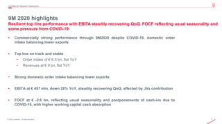 7© 2020 Leonardo - Società per azioni
9M 2020 highlights
Resilient top line performance with EBITA steadily recovering QoQ. FOCF reflecting usual seasonality and
some pressure from COVID-19
3Q/9M2020 Results Presentation
• Commercially strong performance through 9M2020 despite COVID-19, domestic order
intake balancing lower exports
• Top line on track and stable
• Order intake of € 8.5 bn, flat YoY
• Revenues at € 9 bn, flat YoY
• Strong domestic order intake balancing lower exports
• EBITA at € 497 mln, down 28% YoY, steadily recovering QoQ, affected by JVs contribution
• FOCF at € -2.6 bn, reflecting usual seasonality and postponements of cash-ins due to
COVID-19, with higher working capital cash absorption
 