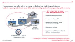 45© 2019 Leonardo - Società per azioni
How we are transforming to grow – delivering training solutions
Leader in a growing market thanks to our ability to deliver training solutions for next generation pilots worldwide
…Leveraging our leadership to strengthen competencies and exploit
future cutting-edge technologies
4Q/FY2019 Results Presentation
• Cost-effective training solutions
• Covering the whole syllabus
• Operational capability to further
enhance commercial offer
• Opening new markets
• Upgradable capabilities to evolve with
customer needs worldwide
M-345
M-346
M-346
LIGHT
FIGHTER
INTERNATIONAL FLIGHT
TRAINING SCHOOL
OPPORTUNITIES TO BUILD
OUR LEADERSHIP POSITION
 