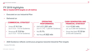 62© 2019 Leonardo - Società per azioni
• Executed on our Industrial Plan
• Delivered on
• 2020 Guidance reflects continuous progress towards Industrial Plan targets
*Including IFRS16 effect
FY 2019 highlights
Met or beated 2019 targets on all metrics
4Q/FY2019 Results Presentation
• Orders € 14.1 bn
(vs. € 12.5 - 13.5 bn Guidance)
• Revenues € 13.8 bn
(vs. € 12.5 - 13.0 bn Guidance)
COMMERCIAL STRATEGY
• EBITA € 1,251 mln
(vs. € 1,175 - 1,225 mln Guidance)
• RoS 9.1%
• Net Result € 822 mln
OPERATING
PERFORMANCE
• FOCF € 241 mln
(vs. ca. € 200 mln Guidance)
• Group Net Debt* € 2.8 bn
(in line with Guidance)
CASH GENERATION AND
FINANCIAL STRATEGY
 