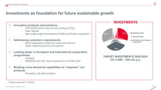 67© 2019 Leonardo - Società per azioni
4Q/FY2019 Results Presentation
Investments as foundation for future sustainable growth
• Innovative products and solutions
o ATR 42-600 Short Take off and Landing (STOL)
o Falco Xplorer
o New single engine development SH09 post Kopter acquisition*
• Addressing customers requirements
o AESA applications radars for naval and airborne
o Cyber resilient products and systems
• Leading player in European and International cooperation
programmes
o Tempest
o AWHERO and C&C Naval Systems for OCEAN 2020
• Building cross-divisional capabilities to “empower” our
products
o Simulation, big data analytics
TARGET INVESTMENTS 2020-2024
CA. € 600 – 700 mln p.y.
*Closing expected in 1H2020
AERONAUTICS
HELICOPTERS
DEFENCE ELECTRONICS
& SECURITY
INVESTMENTS
 