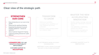 9© 2019 Leonardo - Società per azioni
Clear view of the strategic path
4Q/FY2019 Results Presentation
• Keep strong focus on our core to fuel
growth
• Delivering the significant Backlog
• Exploiting full potential of product
Portfolio (platforms + sensors &
systems)
• Grow Customer Support & Training
• Capturing growing demand for Cyber
Defence
LEONARDO DRS TOP LINE
GROWTH & PROFITABILITY
IMPROVEMENT
CUSTOMER SUPPORT IN
HELICOPTERS
STRENGTHEN
OUR CORE
• Adding new capabilities
• Leveraging these capabilities in a
more integrated way across
businesses
• Evolving to meet changing market
and customer needs
ELECTRONICS MORE EFFICIENT
ORGANISATION
AIRCRAFT GOING FROM PLATFORM
SELLER TO SOLUTIONS PROVIDER
TRANSFORM
TO GROW
• Identify, develop, leverage, scale new
technologies “transversal” across the
Group
• Fully digitalized in engineering,
products and offering
• Drive innovation leveraging our
10,000 engineers talent pool
LEONARDO MASTER PLAN TO
INNOVATION
MASTER THE NEW
ACCELERATING
INNOVATION
 