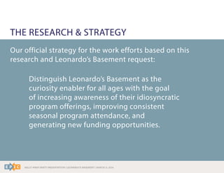 RALLY WRAP PARTY PRESENTATION | LEONARDO’S BASEMENT | MARCH 11, 2014
THE RESEARCH & STRATEGY
Our official strategy for the work efforts based on this
research and Leonardo’s Basement request:
Distinguish Leonardo’s Basement as the
curiosity enabler for all ages with the goal
of increasing awareness of their idiosyncratic
program offerings, improving consistent
seasonal program attendance, and
generating new funding opportunities.
 