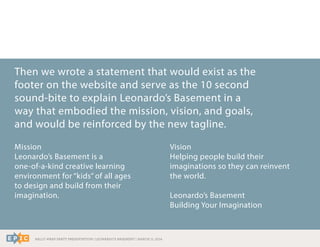 RALLY WRAP PARTY PRESENTATION | LEONARDO’S BASEMENT | MARCH 11, 2014
Mission
Leonardo’s Basement is a
one-of-a-kind creative learning
environment for “kids” of all ages
to design and build from their
imagination.
Then we wrote a statement that would exist as the
footer on the website and serve as the 10 second
sound-bite to explain Leonardo’s Basement in a
way that embodied the mission, vision, and goals,
and would be reinforced by the new tagline.
Vision
Helping people build their
imaginations so they can reinvent
the world.
Leonardo’s Basement
Building Your Imagination
 