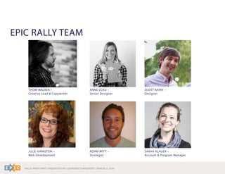 RALLY WRAP PARTY PRESENTATION | LEONARDO’S BASEMENT | MARCH 11, 2014
EPIC RALLY TEAM
THOM WALKER –
Creative Lead & Copywriter
ANNE ULKU –
Senior Designer
JULIE HAMILTON –
Web Development
ADAM WITT –
Strategist
SARAH KLAUER –
Account & Program Manager
SCOTT RAINY –
Designer
 