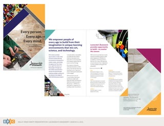 RALLY WRAP PARTY PRESENTATION | LEONARDO’S BASEMENT | MARCH 11, 2014
4301 Nicollet Ave S. Minneapolis, MN 55409
info@leonardosbasement.org
612-824-4394
There’s always something new at
Leonardo’s Basement. For more
information, class descriptions,
photos, videos and much more, visit
us at leonardosbasement.org.
We’ve been providing
opportunities to make, build,
and fail in positive learning
environments to thousands of
children, adults, and families
throughout the Twin Cities
since 1998. Our desire is to
help people of all ages see
their ability and potential to
reinvent the world through
creativity, problem solving, and
risk taking as they design &
build individual group projects.
Leonardo daVinci exemplifies
our belief that the creative
mind isn’t focused on one
area alone. It can incorporate
and integrate engineering, art,
science and technology.
Our interest in discovery
and experimentation is often
seen in the informal nature of
heading into the “basement,”
where tinkering and exploration
is encouraged.
We’re proud to say over
11,000 students have been
served since 1998 under
these principles and passions!
We’d love to have you join in
the process – whether as a
participant or supporter of a
budding modern day daVinci.
We empower people of
every age to build from their
imagination in unique learning
environments that mix art,
science, and technology.
Leonardo’s Basement
provides opportunity
to build—no matter
the season.
We’re proud to provide year-round,
inventive workshop classes to help
build imaginations. Whether it’s
a workshop, community event or
field trip, our unique offerings help
everyone discover their imagination,
curiosity, problem solving and risk
taking skills.
KIDS
Kids between the ages 6-12 find
informal and playful environments
at Leonardo’s Basement. Curiosity,
imagination, and experimentation
are encouraged.
TEENS
Teens need independence. Leonardo’s
Basement provides the right resources,
along with minimal control and open-
ended projects to allow teens to
express their interests and identity.
ADULTS
Studio Bricolage is a creative
playground for adults.
FAMILIES
Family programs at Leonardo’s
Basement include weekend classes,
workshops community events, and
free open houses.
EXECUTIVE
Leonardo’s Basement has organized
workshops, team building and family
events for corporate clients like:
General Mills, Medtronic, Target,
US Bank, 3M, and the University of
Minnesota. We deliver custom team-
building experiences, such as: creativity
workshops, content-specific ideation,
and product development sessions.
Every person.
Every age.
Every mind.
Everyone can think, create,
and build like daVinci.
 