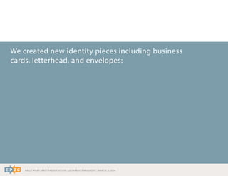 RALLY WRAP PARTY PRESENTATION | LEONARDO’S BASEMENT | MARCH 11, 2014
We created new identity pieces including business
cards, letterhead, and envelopes:
 