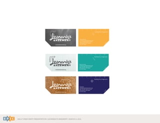 RALLY WRAP PARTY PRESENTATION | LEONARDO’S BASEMENT | MARCH 11, 2014
leonardosbasement.org
Steve Jevning
info@leonardosbasement.org
4301 Nicollet Avenue South
Minneapolis, MN 55409
612-824-4394
Building Your Imagination
1 2 3
45˚angle
leonardosbasement.org
Volunteer
info@leonardosbasement.org
4301 Nicollet Avenue South
Minneapolis, MN 55409
612-824-4394
Building Your Imagination
1 2 3
45˚angle
leonardosbasement.org
Tracy Nielsen
info@leonardosbasement.org
4301 Nicollet Avenue South
Minneapolis, MN 55409
612-824-4394
Building Your Imagination
1 2 3
45˚angle
 