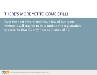 RALLY WRAP PARTY PRESENTATION | LEONARDO’S BASEMENT | MARCH 11, 2014
Over the next several months, a few of our team
members will stay on to help update the registration
process, so that it’s only 4 steps instead of 10!
THERE’S MORE YET TO COME STILL!
 