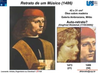 Retrato de um Músico (1486) 
43 x 31 cm2 
Óleo sobre madeira 
Galeria Ambrosiana, Milão 
Auto-retrato? 
[Siegfried Woldehek (17/05/2009)] 
1486 
(34) 
1473 
(21) 
Leonardo: Artista, Engenheiro ou Cientista?- 27/126 dktanaka@usp.br 
 