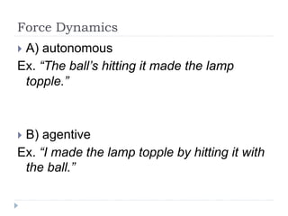 Force Dynamics
 A) autonomous
Ex. “The ball’s hitting it made the lamp
topple.”
 B) agentive
Ex. “I made the lamp topple by hitting it with
the ball.”
 