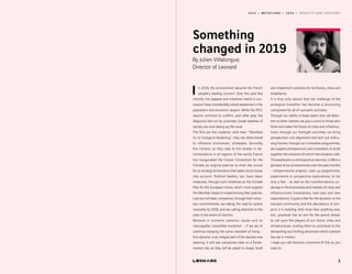 2 0 1 9 — M U T A T I O N S — 2 0 2 0 — P R O J E C T S A N D H O R I Z O N S
n 2019, the environment became the French
people’s leading concern. Over the past few
months, the appeals and initiatives heard in suc-
cession have considerably raised awareness in the
population and economic players. While the IPCC
reports continue to confirm, year after year, the
diagnosis laid out by scientists, broad swathes of
society are now taking up the issue.
The first are the students: with their “Manifesto
for an Ecological Awakening“, they are determined
to influence businesses’ strategies. Secondly,
the citizens: as they take to the streets in de-
monstrations in all regions of the world, France
has inaugurated the Citizen Convention for the
Climate, an original exercise to chart the course
for an ecological transition that takes social issues
into account. Political leaders, too, have taken
measures, through such initiatives as the Climate
Plan for the European Union, which must support
the Member States in implementing their policies.
Last but not least, companies, through their volun-
tary commitments, are taking the road to carbon
neutrality by 2050, and are calling attention to the
risks in the event of inaction.
Because it concerns systemic issues and an
inescapable, irresistible transition – if we are to
continue enjoying the same standard of living –
this dynamic is an integral part of the decade now
opening. It will see companies take on a funda-
mental role, as they will be asked to shape, build
and implement solutions for territories, cities and
inhabitants.
It is thus only natural that the challenge of the
ecological transition has become a structuring
component for all of Leonard’s activities.
Through our ability to keep watch and call atten-
tion to what matters, we give a voice to those who
think and make the future of cities and infrastruc-
tures; through our foresight activities, we bring
perspectives into alignment and etch out enthu-
sing futures; through our innovative programmes,
we support entrepreneurs and innovators, to build
together the solutions for which the situation calls.
This yearbook  is a retrospective exercise; it offers a
glimpse of our achievements over the past months
- intrapreneurial projects, start-up programmes,
experiments or prospective explorations, to list
only a few - as well as the transformations un-
derway in the businesses and markets of cities and
infrastructures (innovations, new uses and new
expectations). It gives a feel for the dynamic in the
Leonard community and the abundance of pro-
jects it is building. And more than anything else,
this  yearbook  has an aim for the period ahead:
to call upon the players of our future cities and
infrastructures, inviting them to contribute to the
demanding but thrilling adventure which Leonard
has set in motion.
I hope you will become convinced of this as you
read on.
Something
changed in 2019
3
By Julien Villalongue,
Director of Leonard
I
 
