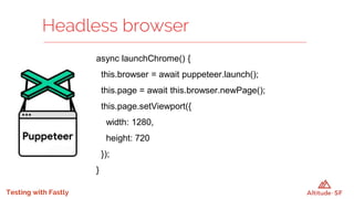 Testing with Fastly
async launchChrome() {
this.browser = await puppeteer.launch();
this.page = await this.browser.newPage();
this.page.setViewport({
width: 1280,
height: 720
});
}
Headless browser
 