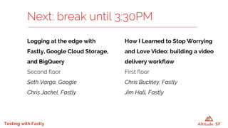 Testing with Fastly
Logging at the edge with
Fastly, Google Cloud Storage,
and BigQuery
Second floor
Seth Vargo, Google
Chris Jackel, Fastly
Next: break until 3:30PM
How I Learned to Stop Worrying
and Love Video: building a video
delivery workflow
First floor
Chris Buckley, Fastly
Jim Hall, Fastly
 