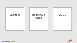Testing with Fastly
Repetitive
tasks
Laziness CI/CD
 