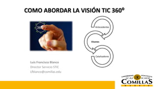 COMO ABORDAR LA VISIÓN TIC 360⁰
Luis Francisco Blanco
Director Servicio STIC
Lfblanco@comillas.edu
Antecedentes
Visones
Catalizadores
 