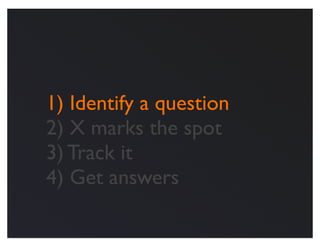 1) Identify a question
2) X marks the spot
3) Track it
4) Get answers
 
