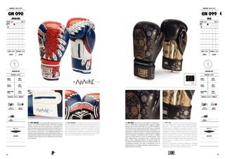 GUANTONI : BOXING GLOVES
GN 090
APACHE
COLORE : COLOR ONCE : OZ
ROSSO
RED 06 08 10M
10 12 14 16 18 20
GENERE : GENDER CHIUSURA : CLOSURE
UNISEX VELCRO
GUANTONI : BOXING GLOVES
GN 099
SKA
COLORE : COLOR ONCE : OZ
NERO
BLACK 06 08 10M
10 12 14 16 18 20
GENERE : GENDER CHIUSURA : CLOSURE
UNISEX VELCRO
4342
GN 090 APACHE. Il tema grafico della decorazione rievoca la
fierezza e la combattività degli Apache, tribù nativa americana
nota per il grande valore dei suoi guerrieri. Il riferimento allo
spirito coraggioso di questo popolo è una dedica all’atleta che non
molla mai e che combatte fino alla fine senza mai retrocedere, a
costo di mettere in gioco tutto. Una simbologia prepotente che
unita alle ottime caratteristiche tecniche del prodotto conferisce a
questo guantone la capacità di incrementare la motivazione di chi
lo indossa e di disorientare chi lo deve affrontare, per performance
da veri guerrieri.
GN 090 APACHE. The graphic theme of the decoration evokes
the pride and fighting spirit of the Apache, a native American tribe
known for the great value of his warriors. The reference to the
brave spirit of this people is a dedication to the athlete who never
gives up and fights until the end. An overwhelming symbology,
that combined with the excellent technical features of the product,
gives to this glove the ability to increase the motivation of those
who wear it and to confuse those who have to face him.
REGULAR USE
MATERIALI : MATERIALS
DORSO
HANDBACK
100%
FLEX PU
PALMO
HANDPALM
100%
FLEX PU
IMBOTTITURA
PADDING
100%
FLEX PU
PROPRIETÀ : FEATURES BY LABOXE®
NOTE : NOTES
#03/2017
GN 099 SKA. Ad arricchire la limited edition “Art and Gloves”
arriva il GN099 SKA, caratterizzato dalle suggestive grafiche
dedicate alla NUESTRA SENORA DE LA SANTA MUERTE,
la divinità messicana venerata come dea della morte, che affonda
le sue radici nei miti aztechi dell’oltretomba e della rinascita. La
leggenda narra infatti che la dea fosse in grado di concedere aiuto
e protezione in cambio di sacrifici. La venerazione dello scheletro
velato che affascina e fa proseliti in tutto il mondo, è l’originale
sintesi tra il culto azteco per i morti e la venerazione per i santi
della Spagna barocca colonizzatrice dove, anziché procurare
paura e timore, rappresenta piuttosto una preziosa alleata che
in cambio di devozione donava salvezza. Guanto realizzato con
un’imbottitura anti-shock che unita al rivestimento in PU di
qualità superiore è in grado di garantire massima protezione e
performance di elevato livello.
GN 099 SKA. To enrich the "Art and Gloves" limited edition,
here is the GN099 SKA, characterized by impressive graphics
dedicated to “NUESTRA SENORA DE LA SANTA MUERTE”,
the Mexican deity worshiped as the goddess of death, which is
rooted in Aztec myths of afterlife and rebirth. Legend has it that
the goddess was able to give help and protection in exchange for
sacrifices. The veneration of the veiled skeleton that fascinates
and set a trend all over the world, is the original synthesis of
the Aztec cult for the dead and the veneration of the saints of the
Baroque colonial Spain where, instead of procuring fear and awe
rather represents a valuable ally that in exchange for devotion
gave salvation.
This glove is made with an anti-shock padding that, combined
with the PU coating of superior quality, is able to guarantee
maximum protection and a high level of performance.
REGULAR USE
MATERIALI : MATERIALS
DORSO
HANDBACK
100%
FLEX PU
PALMO
HANDPALM
100%
FLEX PU
IMBOTTITURA
PADDING
100%
FLEX PU
PROPRIETÀ : FEATURES BY LABOXE®
NOTE : NOTES
#04/2017
 