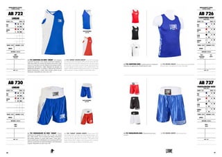 ABBIGLIAMENTO TECNICO :
TECHNICAL APPAREL
AB 722
LINEAR
COLORE : COLOR TAGLIE : SIZES
BLU
BLUE
XS S M
L XL XXL 3XL
ROSSO
RED
XS S M
L XL XXL 3XL
GENERE : GENDER CHIUSURA : CLOSURE
UNISEX -
MATERIALI : MATERIALS
100%
POLIESTERE
POLYESTER
NOTE : NOTES
AB 730
LINEAR
COLORE : COLOR TAGLIE : SIZES
BLU
BLUE
XS S M
L XL XXL 3XL
ROSSO
RED
XS S M
L XL XXL 3XL
GENERE : GENDER CHIUSURA : CLOSURE
UNISEX -
MATERIALI : MATERIALS
100%
SATIN
NOTE : NOTES
AB 722 CANOTTIERA DA BOXE "LINEAR". Per il pugilato
Leone1947 ha pensato a una canotta in poliestere traspirante al
100% Micro Mesh. In occasione del 70esimo anniversario i loghi
classici di Leone Sport sono stati affiancati ad un design moderno
caratterizzato dal bicolore a taglio diagonale che prosegue sul
pantaloncino abbinabile. La canotta è l’ideale per gli incontri di
pugilato dilettantistico e risulta molto comoda e pratica per gli
allenamenti. Disponibile nei colori rosso e blu.
AB 722 "LINEAR" BOXING SINGLET. Leone1947 has thought
of a tank top made of breathable 100% polyester Micro Mesh for
boxing. On the occasion of the 70th anniversary, the classic logos
of Leone Sport were joined to a modern design characterized by a
two-tone diagonal cut that continues on the combined shorts. The
singlet is ideal for amateur boxing matches and is very convenient
and practical for training. Available in red and blue colors.
AB 730 PANTALONCINO DA BOXE "LINEAR". Classici
pantaloncini da pugilato di Leone 1947 in raso, con cintura
alta e loghi ricamati, che in occasione del 70esimo anniversario
dell’azienda ripropone la storica label bianca “Leone Sport”.
Questo modello nasce in abbinamento con la canottiera AB722 da
utilizzare in particolare nei match da dilettanti e nell’allenamento
in genere. Disponibile nei colori rosso e blu.
AB 730 "LINEAR" BOXING SHORTS. Classic Leone 1947
satin boxing shorts, with high waist and embroidered logos. Con-
currently with the 70th anniversary of the company, these shorts
repeat the historic white label "Leone Sport". This model is com-
bined with the AB722 singlet, to be used especially in amateur
matches and training. Available in red and blue colors.
VISTA POSTERIORE.
BACK VIEW.
VISTA POSTERIORE.
BACK VIEW.
AB 726 CANOTTIERA BOXE. Canottiera da boxe in poliestere
traspirante con applicazione di bande laterali in satin.
AB 726 BOXING SINGLET. Boxing singlet made ​​of breathable
polyester fabric with application of satin side bands.
ABBIGLIAMENTO TECNICO :
TECHNICAL APPAREL
AB 726
CANOTTIERA BOXE
BOXING SINGLET
COLORE : COLOR TAGLIE : SIZES
BLU
BLUE
XS S M
L XL XXL 3XL
ROSSO
RED
XS S M
L XL XXL 3XL
NERO
BLACK
XS S M
L XL XXL 3XL
BIANCO
WHITE
XS S M
L XL XXL 3XL
GENERE : GENDER CHIUSURA : CLOSURE
UNISEX -
MATERIALI : MATERIALS
95%
POLIESTERE
POLYESTER
5%
SATIN
NOTE : NOTES
AB 737
PANTALONCINO BOXE
BOXING SHORTS
COLORE : COLOR TAGLIE : SIZES
BLU
BLUE
XS S M
L XL XXL 3XL
ROSSO
RED
XS S M
L XL XXL 3XL
NERO
BLACK
XS S M
L XL XXL 3XL
BIANCO
WHITE
XS S M
L XL XXL 3XL
GENERE : GENDER CHIUSURA : CLOSURE
UNISEX -
MATERIALI : MATERIALS
100%
SATIN
NOTE : NOTES
AB 737 PANTALONCINO BOXE. Pantaloncino da boxe
in satin.
AB 737 BOXING SHORTS. Satin boxing shorts.
107106
 