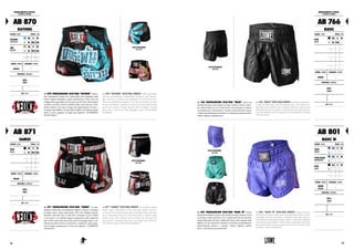 ABBIGLIAMENTO TECNICO :
TECHNICAL APPAREL
AB 870
RAYONG
COLORE : COLOR TAGLIE : SIZES
AZZURRO
LIGHT BLUE
XS S M
L XL XXL 3XL
ORO
GOLDEN
XS S M
L XL XXL 3XL
GENERE : GENDER CHIUSURA : CLOSURE
UNISEX -
MATERIALI : MATERIALS
100%
SATIN
NOTE : NOTES
AB 871
SAMUI
COLORE : COLOR TAGLIE : SIZES
NERO
BLACK
XS S M
L XL XXL 3XL
GENERE : GENDER CHIUSURA : CLOSURE
UNISEX -
MATERIALI : MATERIALS
100%
SATIN
NOTE : NOTES
AB 870 PANTALONCINO KICK-THAI "RAYONG". Realiz-
zato interamente a mano con l’inarrivabile cura artigianale degli
esperti maestri thailandesi, questo pantaloncino vuole essere un
omaggio alla leggendaria arte dei guerrieri del Siam. Dal mongkol
ricamato sul fianco sinistro (simbolo della muay thai per eccel-
lenza), partono una serie di raggi che rappresentano la forza e
l’energia inarrestabile che pervade il fighter che indossa questi
shorts. Il testo augurale in lingua thai significa “GUERRIERO
INVINCIBILE”.
AB 870 "RAYONG" KICK-THAI SHORTS. 100% hand made
with the incomparable craftsmanship of experts Thai masters,
these shorts are a tribute to the legendary art of Siam warriors.
From the embroidered mongkol on the left side (symbol of muay
thai par excellence), originates a series of rays that represent the
power and relentless energy that pervades the fighter wearing
these shorts. The text in Thai language means "INVINCIBLE
WARRIOR".
AB 871 PANTALONCINO KICK-THAI "SAMUI". Un pan-
taloncino dalla linea estremamente elegante, classica e moderna
al tempo stesso, grazie agli inserti silver che risaltano incredi-
bilmente sulla base nera. Ai due lati è ricamato il GAO YORD
(“nove spire”), un simbolo magico caratteristico della tradizione
thai e molto conosciuto da tutti gli esperti di tatuaggi asiatici, con-
siderato portatore di forza e protezione. Completa il valore augu-
rale di questo pantaloncino il testo che significa “CAMPIONE
VINCENTE”.
AB 871 "SAMUI" KICK-THAI SHORTS. An extremely elegant
model, classic and modern at the same time, thanks to the sil-
ver inserts that stand out amazingly on the black base. On either
side is embroidered the Gao Yord ("nine coils"), a typical magic
symbol of the Thai traditions and well known by all experts of
Asian tattoos, considered the bearer of strength and protection.
The Thai text means 'WINNER CHAMPION".
VISTA POSTERIORE.
BACK VIEW.
VISTA POSTERIORE.
BACK VIEW.
ABBIGLIAMENTO TECNICO :
TECHNICAL APPAREL
AB 766
BASIC
COLORE : COLOR TAGLIE : SIZES
NERO
BLACK
XS S M
L XL XXL 3XL
GENERE : GENDER CHIUSURA : CLOSURE
UNISEX -
MATERIALI : MATERIALS
100%
SATIN
NOTE : NOTES
AB 801
BASIC W
COLORE : COLOR TAGLIE : SIZES
VIOLA
PURPLE
XS S M
L XL XXL 3XL
VERDE ACQUA
WATERGREEN
XS S M
L XL XXL 3XL
NERO
BLACK
XS S M
L XL XXL 3XL
GENERE : GENDER CHIUSURA : CLOSURE
DONNA
WOMAN
-
MATERIALI : MATERIALS
100%
SATIN
NOTE : NOTES
AB 766 PANTALONCINO KICK-THAI "BASIC". Shorts da
kick/thai boxing in satin lucido con logo ricamato, bordi a contra-
sto e label classica in vita. Il look basico ed essenziale lo rendono
un pantaloncino estremamente versatile, particolarmente pratico
e adatto agli allenamenti quotidiani. Facilmente personalizzabile.
Ottimo rapporto qualità-prezzo.
AB 766 "BASIC" KICK-THAI SHORTS. Kick/thai boxing shor-
ts made of shiny satin with embroidered logo, with contrast ed-
ging and classical label at the waistband. The basic and essential
look make them an extremely versatile model, particularly practi-
cal and suitable for daily training. Easily customizable. Excellent
value for money.
AB 801 PANTALONCINO KICK-THAI "BASIC W". Shorts
donna da kick/thai boxing in satin lucido con logo ricamato, bordi
a contrasto e label classica in vita. Caratterizzato da uno specifico
design femminile che ben si adatta alle forme e alle esigenze delle
fighters. Il look essenziale e moderno lo rendono un pantaloncino
particolarmente pratico e versatile. Ottimo rapporto qualità/
prezzo, facilmente personalizzabile.
AB 801 "BASIC W" KICK-THAI SHORTS. Women kick/thai
boxing shorts made of shiny satin with embroidered logo, contra-
sting edges and classical label at waistband. Featuring a particu-
larly feminine design that perfectly adapts to the body silhouette
and needs of women fighters. The essential and modern look make
them a particularly practical and versatile model. Excellent value
for money, easily customizable.
VISTA POSTERIORE.
BACK VIEW.
VISTA POSTERIORE.
BACK VIEW.
113112
 