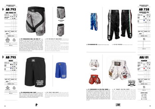 AB 758 PANTALONE FULL. Pantalone kick boxing in satin. AB 758 FULL TROUSERS. Kick Boxing satin trousers.
ABBIGLIAMENTO TECNICO :
TECHNICAL APPAREL
AB 758
PANTALONE FULL
FULL TROUSERS
COLORE : COLOR TAGLIE : SIZES
NERO
BLACK
XS S M
L XL XXL 3XL
BLU
BLUE
XS S M
L XL XXL 3XL
GENERE : GENDER CHIUSURA : CLOSURE
UNISEX -
MATERIALI : MATERIALS
100%
SATIN
NOTE : NOTES
ABJ 01
RAMON
COLORE : COLOR TAGLIE : SIZES
BIANCO
WHITE
XS S M
L XL XXL 3XL
ROSSO
RED
XS S M
L XL XXL 3XL
GENERE : GENDER CHIUSURA : CLOSURE
BAMBINO
JUNIOR
-
MATERIALI : MATERIALS
100%
SATIN
NOTE : NOTES
junior sizes
S : 5/6 YEARS
M : 7/8 YEARS
L : 9/10 YEARS
XL : 11/12 YEARS
AB 795
BASIC
COLORE : COLOR TAGLIE : SIZES
NERO
BLACK
XS S M
L XL XXL 3XL
BLU
BLUE
XS S M
L XL XXL 3XL
GENERE : GENDER CHIUSURA : CLOSURE
UNISEX -
MATERIALI : MATERIALS
80%
POLIESTERE
TASLAN
TASLAN POLYESTER
20%
ELASTANE
ELASTAN
NOTE : NOTES
ABBIGLIAMENTO TECNICO :
TECHNICAL APPAREL
AB 793
AIR FORCE 47
COLORE : COLOR TAGLIE : SIZES
CAMO GRIGIO
GREY CAMO
XS S M
L XL XXL 3XL
GENERE : GENDER CHIUSURA : CLOSURE
UNISEX -
MATERIALI : MATERIALS
80%
POLIESTERE
MICRO PEACH
MICRO PEACH
POLYESTER
20%
ELASTANE
ELASTAN
NOTE : NOTES
AB 793 PANTALONCINO MMA "AIR FORCE 47". Cosa
accomuna la USA Air Force a LEONE? Entrambe sono nate
nel 1947 ed hanno appena compiuto 70 anni di vita. I nuovi
pantaloncini Air Force 47 nascono così, ispirati dalla comunanza
di anniversario di nascita e dall’utilizzo delle tecniche di lotta a
terra come metodo di allenamento ed addestramento dei soldati.
Il tema del combattimento viene quindi rivisto in chiave moderna
ed originale, con riferimenti tecnologici alle ali e alle carlinghe
degli aerei americani. Dotati di pratica chiusura a velcro, ampi
spacchi laterali ed inserti intra - cosciali in tessuto ultra elastico
sono ottimi shorts da competizione.
AB 793 "AIR FORCE 47" MMA SHORTS. What does the US
Air Force has in common with LEONE? Both were born in 1947
and both have just turned 70 years of life!
The new Air Force 47 shorts are born that way, inspired by our
common birth anniversary and the use of hand-to-hand fighting
techniques as a training method of soldiers.
The theme of combat is then revised in a modern and original
way, with technological references to the wings and fuselage of
the American aircraft. Equipped with practical Velcro closure,
large side slits and inside-tights inserts in ultra elastic fabric,
these shorts are excellent for competition.
AB 795 PANTALONCINO MMA "BASIC". Pantaloncino da
MMA in microfibra e spandex con cintura elastica e chiusura a
velcro . Il look basico ed essenziale lo rendono un capo parti-
colarmente pratico e adatto agli allenamenti quotidiani. Ottimo
rapporto qualità/prezzo, facilmente personalizzabile.
AB 795 "BASIC" MMA SHORTS. MMA shorts made of mi-
crofiber and spandex with elastic waistband and Velcro closure.
The basic and essential look make them particularly practical
and suitable for daily workouts. Excellent value for money, easily
customizable.
VISTA POSTERIORE.
BACK VIEW.
ABJ 01 PANTALONCINO DA KICK/THAI RAMON. Dal
lavoro del laboratorio di ricerca e sviluppo LABoxe di Leone1947,
in collaborazione con l'illustratore Davide Coco, nasce Leone
Toon’s Team, la collezione esclusiva dedicata ai fighters più
piccoli. Fa parte della nuova linea il pantaloncino Thai Junior
adatto per chi pratica kick boxing e muay thai e che ha come
protagonista Ramon, il componente della squadra esperto nella
disciplina thailandese per eccellenza. I pantaloncini sono realizzati
100% satin, con il logo ricamato e sono disponibili in due varianti
di colore.
ABJ 01 "RAMON" KICK/THAI SHORTS. Leone Toon's
Team, the exclusive collection dedicated to the youngest
fighters, comes from the work of LABoxe in collaboration
with graphic designer Davide Coco, the development
and research lab of Leone1947. The Junior Thai shorts
are part of the new line which is suitable for kids who
practice kick boxing and muay thai, and whose protagonist
is Ramon, the team member expert in the most famous Thai
fighting art. The shorts are made of 100% satin, with the
embroidered logo and are available in two different colors.
VISTA POSTERIORE.
BACK VIEW.
119118
 