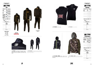 ABBIGLIAMENTO TECNICO :
TECHNICAL APPAREL
AB 798
TUTA
TRACKSUIT
COLORE : COLOR TAGLIE : SIZES
NERO
BLACK
XS S M
L XL XXL 3XL
BLU
BLUE
XS S M
L XL XXL 3XL
AB 798J
NERO BLACK
XS S M
L XL XXL 3XL
AB 798J
BLU BLUE
XS S M
L XL XXL 3XL
GENERE : GENDER CHIUSURA : CLOSURE
UNISEX -
MATERIALI : MATERIALS
100%
POLIESTERE
POLYESTER
NOTE : NOTES
junior sizes
S : 5/6 YEARS
M : 7/8 YEARS
L : 9/10 YEARS
XL : 11/12 YEARS
AB 798 TUTA. Tuta completa 100% poliestere. Bordi in
costina e logo storico applicato. Vestibilità regolare e
pantalone dritto, per un modello di tuta classico, senza
tempo.
AB 798 TRACKSUIT. 100% polyester tracksuit. Ribbed edging
and historical logo applied. Regular fit and straight trousers, for
a classic suit model, timeless.
VISTA POSTERIORE.
BACK VIEW.
AB 778 PONCHO. Poncho in spugna. AB 778 PONCHO. Terry cloth Poncho.
AB 799 GIACCA TECNICA. Giacca tecnica con zip,
antipioggia ed antivento per i tuoi allenamenti all’aperto. Tessuto
impermeabile.
AB 799 TRAINING JACKET. Technical jacket with zip,
waterproof and windproof for your outdoor workouts. Waterproof
fabric.
AB 799
GIACCA TECNICA
TRAINING JACKET
COLORE : COLOR TAGLIE : SIZES
CAMO VERDE
GREEN CAMO
XS S M
L XL XXL 3XL
NERO
BLACK
XS S M
L XL XXL 3XL
GENERE : GENDER CHIUSURA : CLOSURE
UNISEX -
MATERIALI : MATERIALS
100%
POLIESTERE
POLYESTER
NOTE : NOTES
ABBIGLIAMENTO TECNICO :
TECHNICAL APPAREL
AB 778
PONCHO
COLORE : COLOR TAGLIE : SIZES
NERO
BLACK
XS S M
L XL XXL 3XL
GENERE : GENDER CHIUSURA : CLOSURE
UNISEX -
MATERIALI : MATERIALS
100%
SPUGNA
TERRY CLOTH
NOTE : NOTES
NEW JUNIORS'SIZES
AB 798J
122 123
 