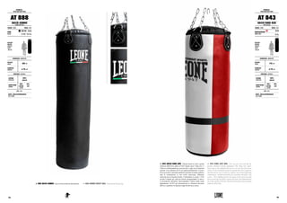 AT 888 SACCO JUMBO. Sacco professionale da allenamento. AT 888 JUMBO HEAVY BAG. Professional boxing bag.
ATTREZZI :
SPEED AND HEAVY BAGS
AT 888
SACCO JUMBO
JUMBO HEAVY BAG
COLORE : COLOR TAGLIE : SIZES
NERO
BLACK
180 CM - 80 KG
5.9 FEET - 176.4 lbs
ALTEZZA
ATLETA
FIGHTER’S
HEIGHT
175 cm
DIMENSIONI : DIMENSIONS
ALTEZZA
HEIGHT 180 cm
DIAMETRO
DIAMETER ø 45 cm
MATERIALI : MATERIALS
ESTERNO
OUTER SIDE
100%
HIGH PU
IMBOTTITURA
PADDING
90%
COTONE
COTTON
10%
EVA
NOTE : NOTES
AC919 : MOLLA APPENDISACCO
STEEL SPRING
AT 843 SACCO KING SIZE. Allenati anche tu come i grandi
campioni della boxe made in USA! Questo sacco “king size” è
l’attrezzo indispensabile per provare tutti i colpi con la massima
potenza. Il suo diametro di 45 cm simula perfettamente il tronco
di un avversario e permette quindi di esercitare in modo realistico
tutte le combinazioni ai vari livelli testa-corpo. Rifiniture
rinforzate per la massima durata. L’imbottitura in cotone + EVA
assorbe l’impatto dei colpi più potenti salvaguardando le mani e
le articolazioni dell’atleta. Raccomandato l’utilizzo della molla
appendisacco AC919 per ammortizzare le vibrazioni derivanti
dall’uso e garantire la massima longevità del sacco stesso.
AT 843 KING SIZE BAG. Now you also can train like the
greatest American boxing champions! This "king size" super-
heavy bag is the indispensable tool to test all your full power
attacks. Its 45 cm diameter perfectly simulates the torso’s opponent
and then allows you to train in a realistic way all the head-body
combinations. Reinforced finishes for maximum durability. The
cotton + EVA padding absorbs the impact of the most powerful
blows protecting the athlete's hands and joints. Recommended the
use of the spring AC919 for vibrations absorption and maximum
longevity of the bag.
ATTREZZI :
SPEED AND HEAVY BAGS
AT 843
SACCO KING SIZE
KING SIZE BAG
COLORE : COLOR TAGLIE : SIZES
BIANCO/ROSSO
WHITE/RED
60 KG
135 lbs
ALTEZZA
ATLETA
FIGHTER’S
HEIGHT
175 cm
DIMENSIONI : DIMENSIONS
ALTEZZA
HEIGHT 145 cm
DIAMETRO
DIAMETER ø 45 cm
MATERIALI : MATERIALS
ESTERNO
OUTER SIDE
100%
HIGH PU
IMBOTTITURA
PADDING
90%
COTONE
COTTON
10%
EVA
NOTE : NOTES
AC919 : MOLLA APPENDISACCO
STEEL SPRING
149148
 