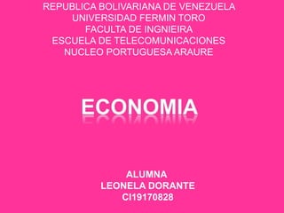 REPUBLICA BOLIVARIANA DE VENEZUELA
UNIVERSIDAD FERMIN TORO
FACULTA DE INGNIEIRA
ESCUELA DE TELECOMUNICACIONES
NUCLEO PORTUGUESA ARAURE
ALUMNA
LEONELA DORANTE
CI19170828
 