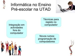 Informática no Ensino
 Pré-escolar na UTAD

                    Técnicas para
                      registo no
Integração em        computador
  actividades
    fora do
 computador
                 Novos rumos:
                programação de
                 computadores
 