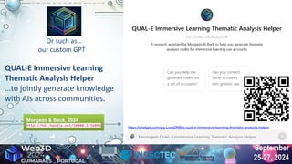 September
25-27, 2024
Or such as…
our custom GPT
QUAL-E Immersive Learning
Thematic Analysis Helper
…to jointly generate knowledge
with AIs across communities.
https://chatgpt.com/g/g-LcesDN88c-qual-e-immersive-learning-thematic-analysis-helper
Morgado & Beck, 2024
http://hdl.handle.net/10400.2/16096
Morgado & Beck, 2024
http://hdl.handle.net/10400.2/16096
 