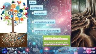 September
25-27, 2024
Immersion
Immersion
Immersive Learning
Immersive Learning
Immersive Environments
Immersive Environments
Roots
Roots
Morgado & Beck, 2020
http://hdl.handle.net/10400.2/9799
Beck, Morgado & O’Shea, 2020
http://hdl.handle.net/10400.2/10070
Morgado & Beck, 2020
http://hdl.handle.net/10400.2/9799
Beck, Morgado & O’Shea, 2020
http://hdl.handle.net/10400.2/10070
Definitions
Definitions
 