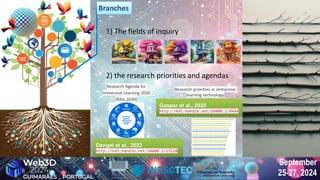 September
25-27, 2024
September
25-27, 2024
1) The fields of inquiry
2) the research priorities and agendas
Research Agenda for
Immersive Learning 2030
(RAIL.2030)
20
23
Research priorities in immersive
learning technology
Branches
Branches
Gaspar et al., 2020
http://hdl.handle.net/10400.2/8444
Gaspar et al., 2020
http://hdl.handle.net/10400.2/8444
Dengel et al., 2023
http://hdl.handle.net/10400.2/15128
Dengel et al., 2023
http://hdl.handle.net/10400.2/15128
 