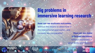 September
25-27, 2024
September
25-27, 2024
Big problems in
immersive learning research
How can we evaluate outcomes,
without the means to determine if
the instructional approaches and
contexts are comparable? How can we make
informed decisions,
without awareness of
what works and doesn’t?
 