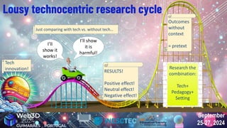 September
25-27, 2024
September
25-27, 2024
Lousy technocentric research cycle
Outcomes
without
context
= pretext
RESULTS!
Positive effect!
Neutral effect!
Negative effect!
I’ll show
it is
harmful!
I’ll
show it
works!
Just comparing with tech vs. without tech…
Research the
combination:
Tech+
Pedagogy+
Setting
Tech
innovation!
 