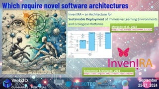 September
25-27, 2024
September
25-27, 2024
Which require novel software architectures
Inven!RA – an Architecture for
Sustainable Deployment of Immersive Learning Environments
and Ecological Platforms
Inven!RA – an Architecture for
Sustainable Deployment of Immersive Learning Environments
and Ecological Platforms
Schlemmer & Morgado, 2024
https://doi.org/10.34627/redvol7iss1e202403
Schlemmer & Morgado, 2024
https://doi.org/10.34627/redvol7iss1e202403
Morgado et al., 2023
http://hdl.handle.net/10400.2/13124
Morgado et al., 2023
http://hdl.handle.net/10400.2/13124
 