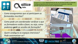- Como asseguramos que só participam os
formandos inscritos?
- Como asseguramos que só participam os
formandos inscritos?
- Como pode um coordenador verificar o que
os formadores estão a fazer, ou seja, como
podemos gerir as sessões de formação?
- Como pode um coordenador verificar o que
os formadores estão a fazer, ou seja, como
podemos gerir as sessões de formação?
- Quem configura os espaços imersivos?
Pode automatizar-se?
- Quem configura os espaços imersivos?
Pode automatizar-se?
Morgado et al. (2016) Requirements for the use of virtual worlds in corporate
training: perspectives from the post-mortem of a corporate e-learning
provider approach of Second Life and OpenSimulator
Morgado et al. (2016) Requirements for the use of virtual worlds in corporate
training: perspectives from the post-mortem of a corporate e-learning
provider approach of Second Life and OpenSimulator
 