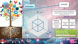 27 de novembro
2024
27 de novembro
2024
Narrativa Agência
Sistema
Raízes
Raízes
Nilsson et al., 2016
Agrawal et al., 2019
Morgado & Beck, 2024
http://hdl.handle.net/10400.2/15670
Nilsson et al., 2016
Agrawal et al., 2019
Morgado & Beck, 2024
http://hdl.handle.net/10400.2/15670
Definições
Definições
Imersão
Um estado cognitivo em que se está absorto, isto
é, com profundo envolvimento, a ponto da sua
atenção se começar a dissociar das restantes
ocorrências do mundo
é
Sistema:
sensação
subjetiva de
se estar
rodeado.
Absorção
pela
narrativa
Absorção
pela
agência
emerge de
 