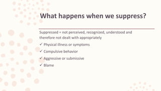 Suppressed = not perceived, recognized, understood and
therefore not dealt with appropriately
 Physical illness or symptoms
 Compulsive behavior
 Aggressive or submissive
 Blame
What happens when we suppress?
 