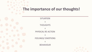 SITUATION
↓
THOUGHTS
↓
PHYSICAL RE-ACTION
↓
FEELINGS/ EMOTIONS
↓
BEHAVIOUR
The importance of our thoughts!
 