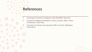 References
1. Coaching for Emotional Intelligence. Bob Wall,2007, New York.
2. Emotional Intelligence Workbook. Le Roux, de Klerk, 2001. Human
and Rosseau, Cape Town
3. The Heart of a Winner. Van Jaarsveld, 2003. Lux Verbi, Wellington,
South Africa
 
