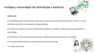 Ventajas y desventajas del aprendizaje a distancia:
VENTAJAS:
a) Flexibilidad para que el alumno organice sus tiempos y tome decisiones sobre cómo y en qué
momento abordar una experiencia de aprendizaje.
b) Facilita el acceso a recursos multimedios (auditivos, visuales y audiovisuales) que facilitan el
aprendizaje.
c) Fomenta la comunicación bidireccional y multidireccional entre alumnos y docente.
d) Posibilita el desarrollo de competencias para el aprendizaje
a lo largo de la vida.
 