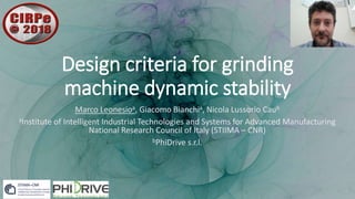 Space for VideoClick to edit Master title style Space for Video
Design criteria for grinding
machine dynamic stability
Marco Leonesioa, Giacomo Bianchia, Nicola Lussorio Caub
aInstitute of Intelligent Industrial Technologies and Systems for Advanced Manufacturing
National Research Council of Italy (STIIMA – CNR)
bPhiDrive s.r.l.
 