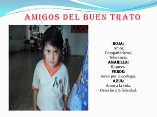 Roja:
       Amor,
  Compañerismo,
     Tolerancia.
    Amarilla:
      Riqueza.
      Verde:
Amor por la ecología.
       Azul:
   Amor a la vida,
Derecho a la felicidad.
 