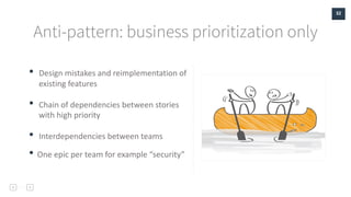 32
Anti-pattern: business prioritization only
• Design mistakes and reimplementation of
existing features
• Chain of depen...